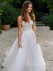 Wedding Dress Custom, A-Line/Princess Sweetheart Sweep Train Tulle Wedding Dresses With Appliques Lace