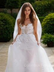 Wedding Dress Styles 2029, A-Line/Princess Sweetheart Sweep Train Tulle Wedding Dresses With Appliques Lace