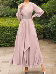 Long Sleeve Wedding Dress, A-Line/Princess V-neck Ankle-Length Chiffon Mother of the Bride Dresses With Belt