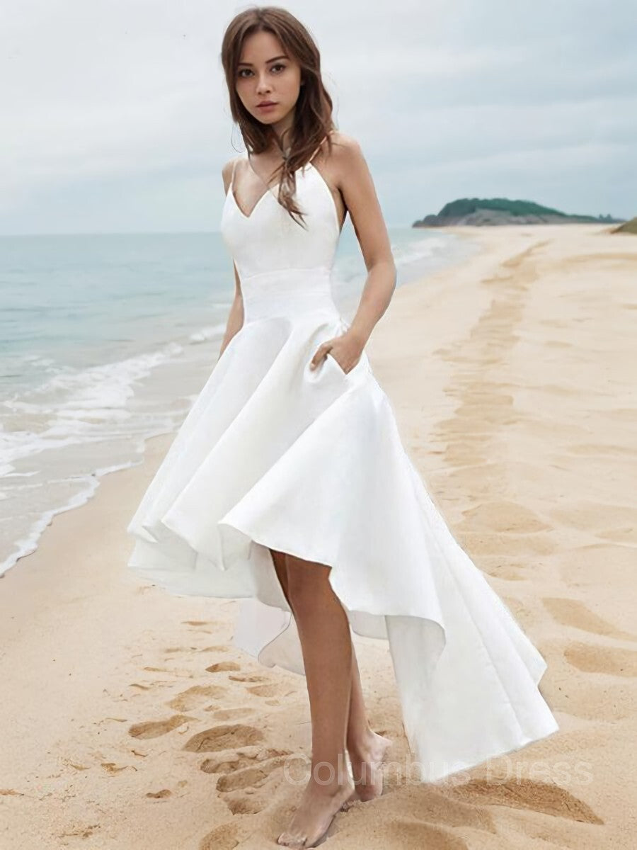 Wedding Dress And Veil, A-Line/Princess V-neck Asymmetrical Satin Wedding Dresses
