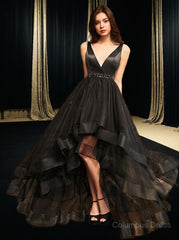 Party Dresses For Girl, A-Line/Princess V-neck Asymmetrical Tulle Prom Dresses With Beading