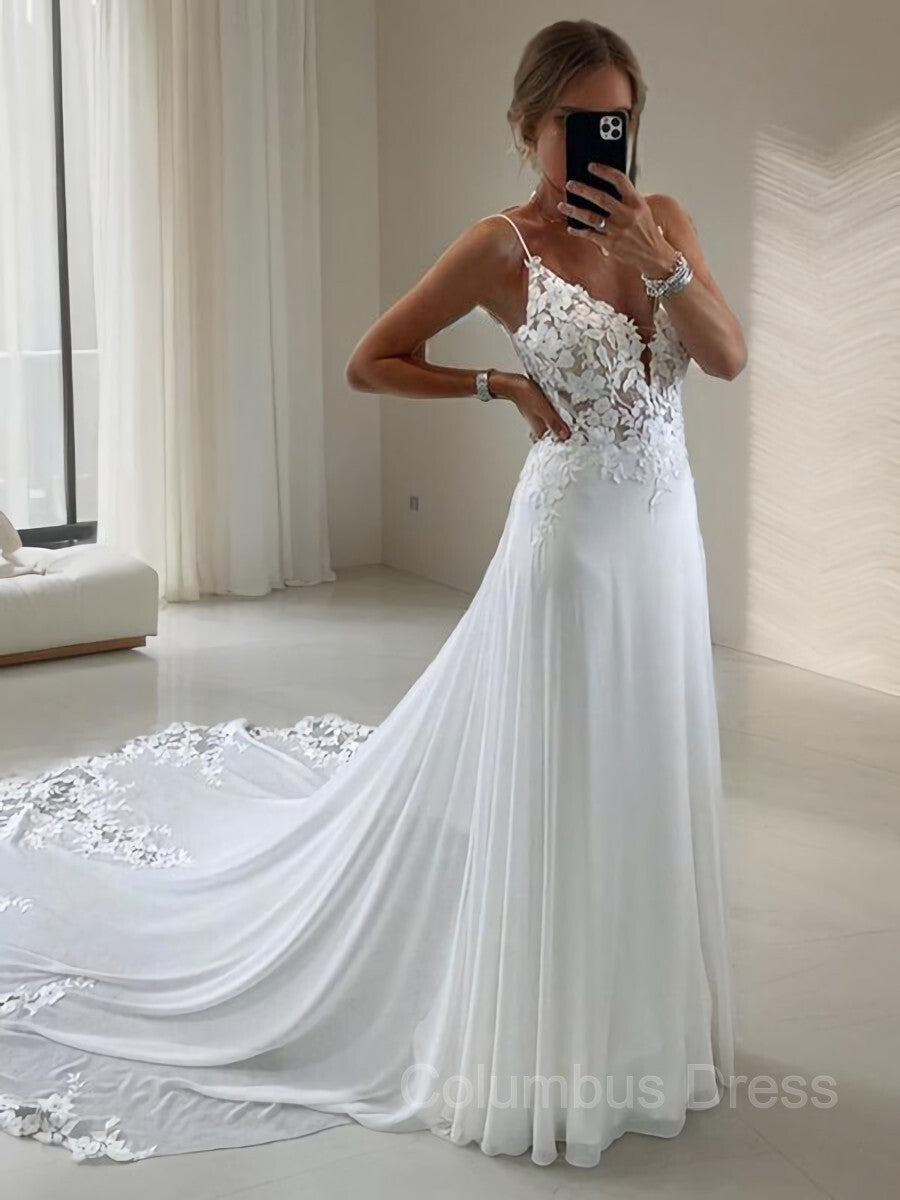 Wedding Dresses 2031, A-Line/Princess V-neck Chapel Train Chiffon Wedding Dresses With Appliques Lace