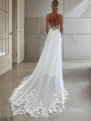 Wedding Dresses Online Shopping, A-Line/Princess V-neck Chapel Train Chiffon Wedding Dresses With Appliques Lace