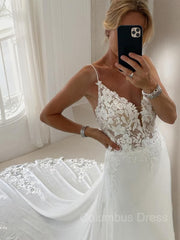 Wedding Dress Online Shopping, A-Line/Princess V-neck Chapel Train Chiffon Wedding Dresses With Appliques Lace