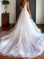 Wedding Dress For Short Bride, A-Line/Princess V-neck Chapel Train Tulle Wedding Dresses With Appliques Lace