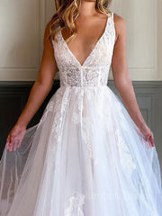 Wedding Dress Pinterest, A-Line/Princess V-neck Chapel Train Tulle Wedding Dresses With Appliques Lace