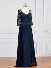 Prom Dress Long With Sleeves, A-Line/Princess V-neck Chiffon Floor-Length Mother of the Bride Dresses With Appliques Lace