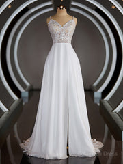 Wedding Dress On A Budget, A-Line/Princess V-neck Court Train Chiffon Wedding Dresses with Leg Slit