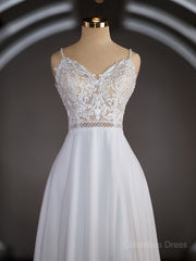 Wedding Dress Designer, A-Line/Princess V-neck Court Train Chiffon Wedding Dresses with Leg Slit