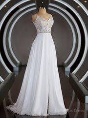 Wedding Dress Designers, A-Line/Princess V-neck Court Train Chiffon Wedding Dresses with Leg Slit