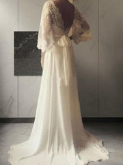 Wedding Dresses Colorful, A-Line/Princess V-neck Court Train Lace Wedding Dresses With Belt/Sash