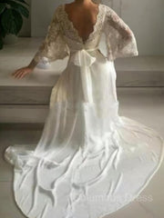Wedding Dresses Colored, A-Line/Princess V-neck Court Train Lace Wedding Dresses With Belt/Sash