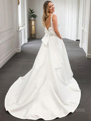 Wedding Dress Online, A-Line/Princess V-neck Court Train Satin Wedding Dresses With Bow