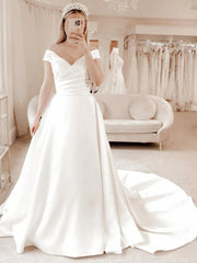 Wedding Dresses Shapes, A-Line/Princess V-neck Court Train Satin Wedding Dresses With Pleated