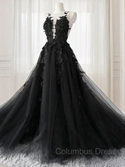 Wedding Dresses Lace, A-line/Princess V-neck Court Train Tulle Wedding Dress with Appliques Lace