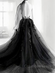 Wedding Dress Ideas, A-line/Princess V-neck Court Train Tulle Wedding Dress with Appliques Lace