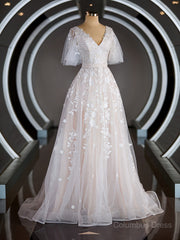 Wedding Dress Romantic, A-Line/Princess V-neck Court Train Tulle Wedding Dresses with Appliques Lace