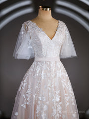 Wedding Dress Under, A-Line/Princess V-neck Court Train Tulle Wedding Dresses with Appliques Lace