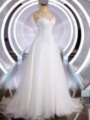 Wedding Dress Outfits, A-Line/Princess V-neck Court Train Tulle Wedding Dresses with Appliques Lace