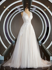 Wedding Dresses Dress, A-Line/Princess V-neck Court Train Tulle Wedding Dresses with Appliques Lace