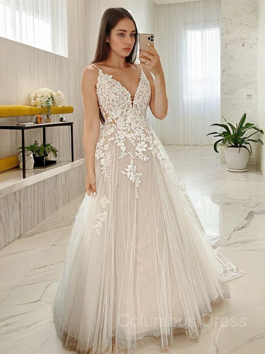 Wedding Dress Simple Elegant, A-Line/Princess V-neck Court Train Tulle Wedding Dresses With Appliques Lace