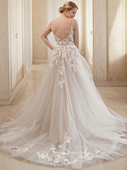 Wedding Dresses Simple Elegant, A-Line/Princess V-neck Court Train Tulle Wedding Dresses With Appliques Lace