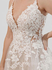 Wedding Dresses Lace Romantic, A-Line/Princess V-neck Court Train Tulle Wedding Dresses With Appliques Lace
