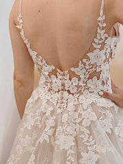 Wedding Dresses Train, A-Line/Princess V-neck Court Train Tulle Wedding Dresses With Appliques Lace