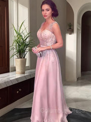 Prom Dresses Nearby, A-Line/Princess V-neck Floor-Length Chiffon Prom Dresses With Beading
