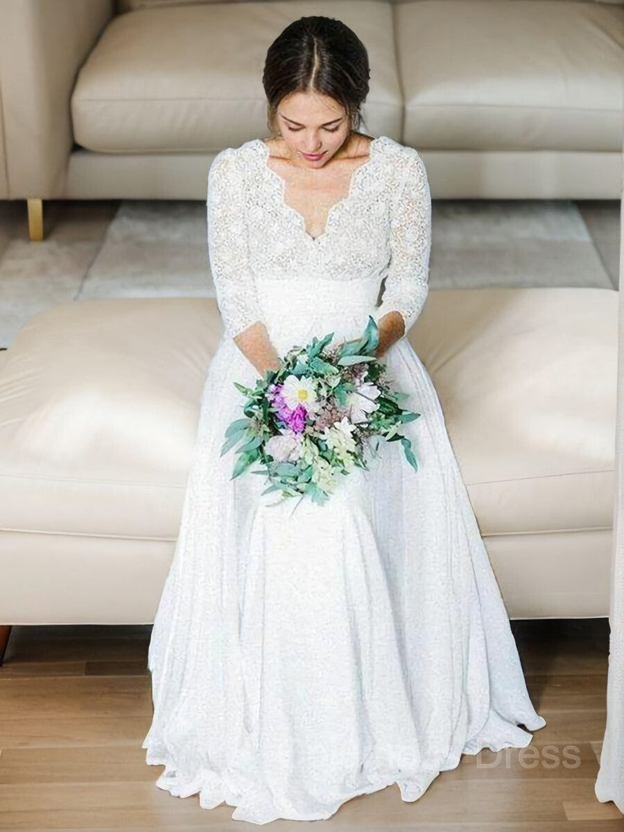 Wedding Dresses Sleeves, A-Line/Princess V-neck Floor-Length Chiffon Wedding Dresses