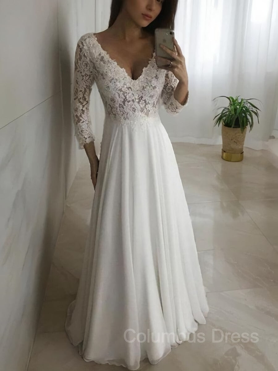 Wedding Dress With Sleeves Lace, A-Line/Princess V-neck Floor-Length Chiffon Wedding Dresses With Appliques Lace
