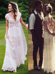 Wedding Dresses Silk, A-Line/Princess V-neck Floor-Length Lace Wedding Dresses