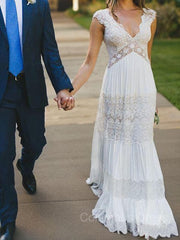 Wedding Dresses Long, A-Line/Princess V-neck Floor-Length Lace Wedding Dresses