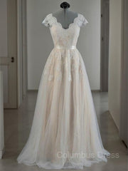 Wedding Dresses Boutiques, A-Line/Princess V-neck Floor-Length Lace Wedding Dresses With Appliques Lace
