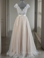 Wedding Dresses Boutique, A-Line/Princess V-neck Floor-Length Lace Wedding Dresses With Appliques Lace