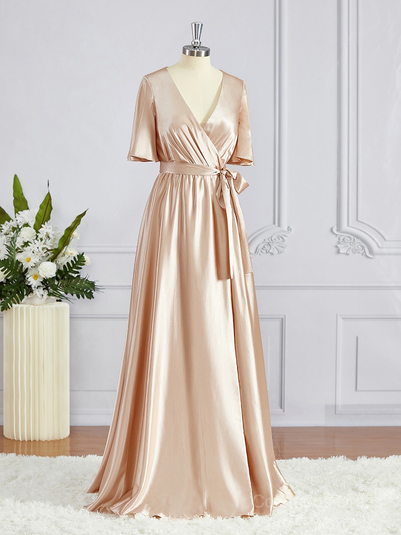 Prom Dressed Short, A-Line/Princess V-neck Floor-Length Silk like Satin Bridesmaid Dresses with Belt/Sash