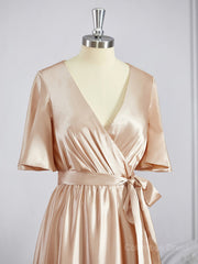 Prom Dresses Shorts, A-Line/Princess V-neck Floor-Length Silk like Satin Bridesmaid Dresses with Belt/Sash
