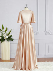 Prom Dresses Chiffon, A-Line/Princess V-neck Floor-Length Silk like Satin Bridesmaid Dresses with Belt/Sash