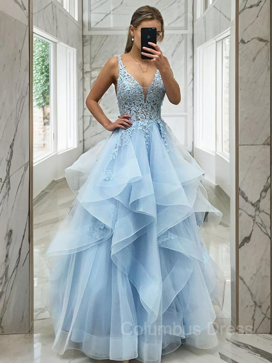 Quinceanera Dress, A-Line/Princess V-neck Floor-Length Tulle Prom Dresses