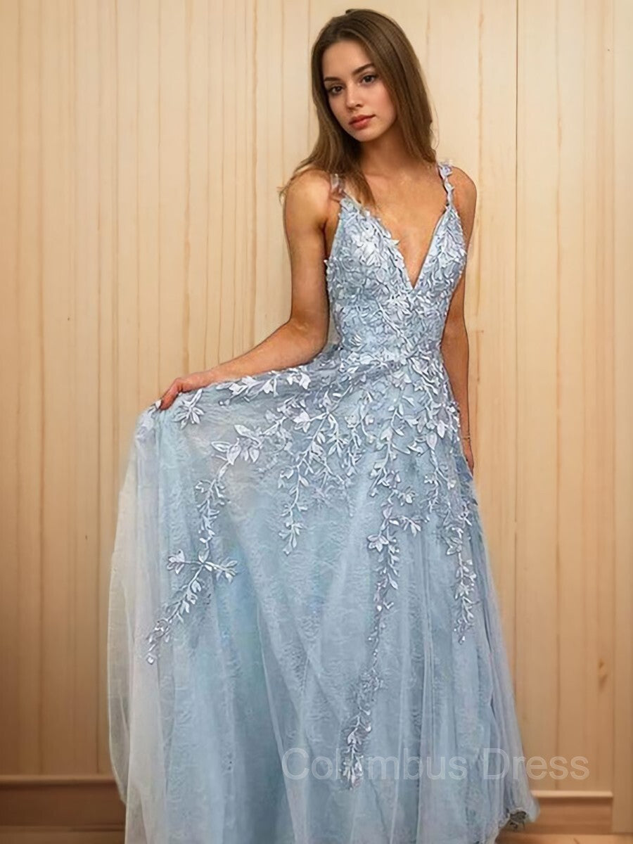 Prom Dresses Pieces, A-Line/Princess V-neck Floor-Length Tulle Prom Dresses