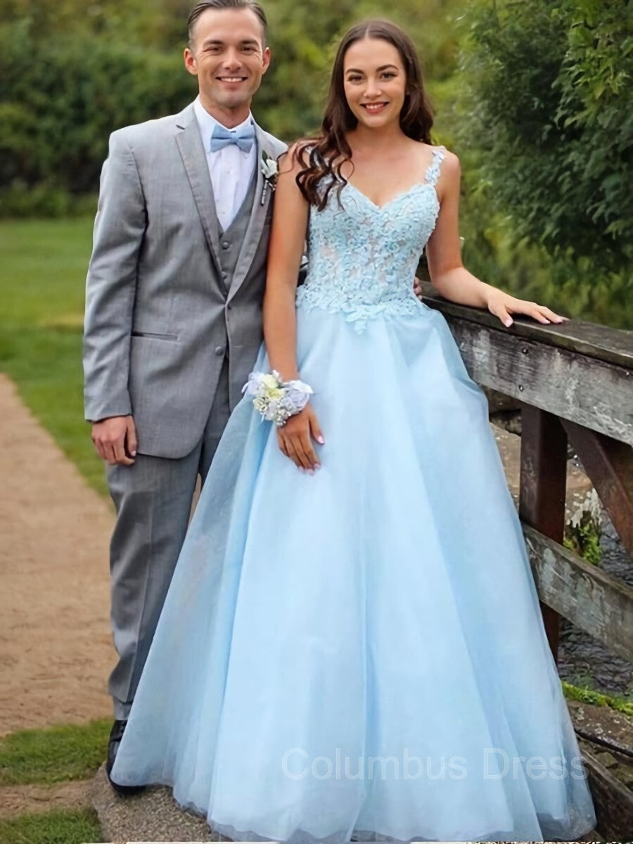 Prom Dresses Two Pieces, A-Line/Princess V-neck Floor-Length Tulle Prom Dresses With Appliques Lace