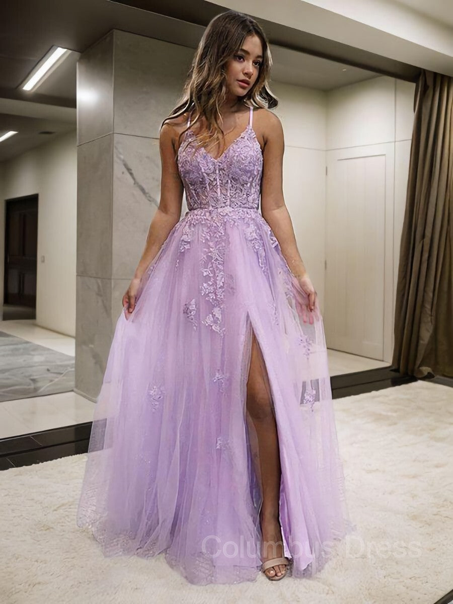 Prom Dresses 2019, A-Line/Princess V-neck Floor-Length Tulle Prom Dresses With Leg Slit