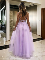 Prom Dresses A Line, A-Line/Princess V-neck Floor-Length Tulle Prom Dresses With Leg Slit