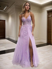 Prom Dresses 2042, A-Line/Princess V-neck Floor-Length Tulle Prom Dresses With Leg Slit