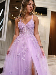 Prom Dresses Outfits, A-Line/Princess V-neck Floor-Length Tulle Prom Dresses With Leg Slit