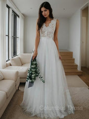 Wedding Dresses On A Budget, A-Line/Princess V-neck Floor-Length Tulle Wedding Dresses