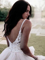 Wedding Dresse Vintage, A-Line/Princess V-neck Floor-Length Tulle Wedding Dresses With Appliques Lace