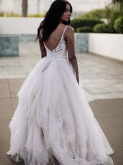 Wedding Dresses Vintag, A-Line/Princess V-neck Floor-Length Tulle Wedding Dresses With Appliques Lace