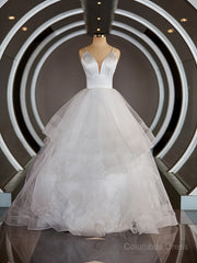 Wedding Dresses Dresses, A-Line/Princess V-neck Floor-Length Tulle Wedding Dresses with Ruffles