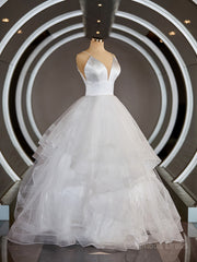 Wedding Dresses Bridesmaid, A-Line/Princess V-neck Floor-Length Tulle Wedding Dresses with Ruffles